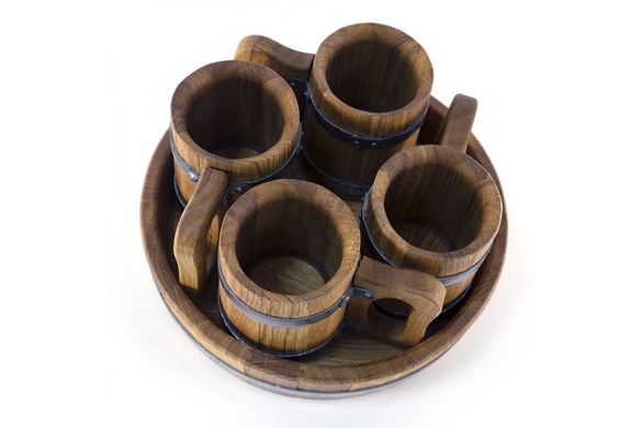 Wooden set of 4 cups 0.5L + tray